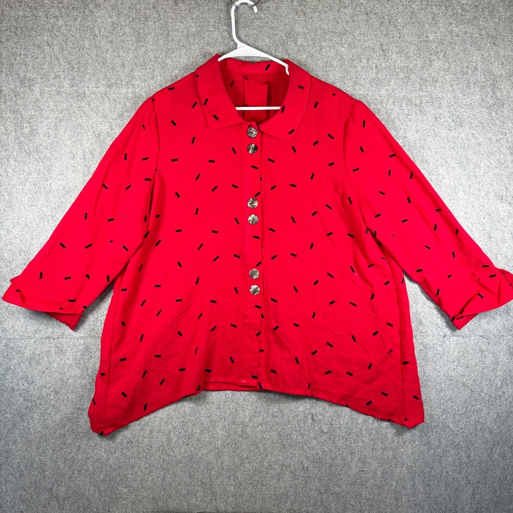 Fridaze Womens XL Red Black Dash Print Linen Button Front Shirt 3/4 Sleeve